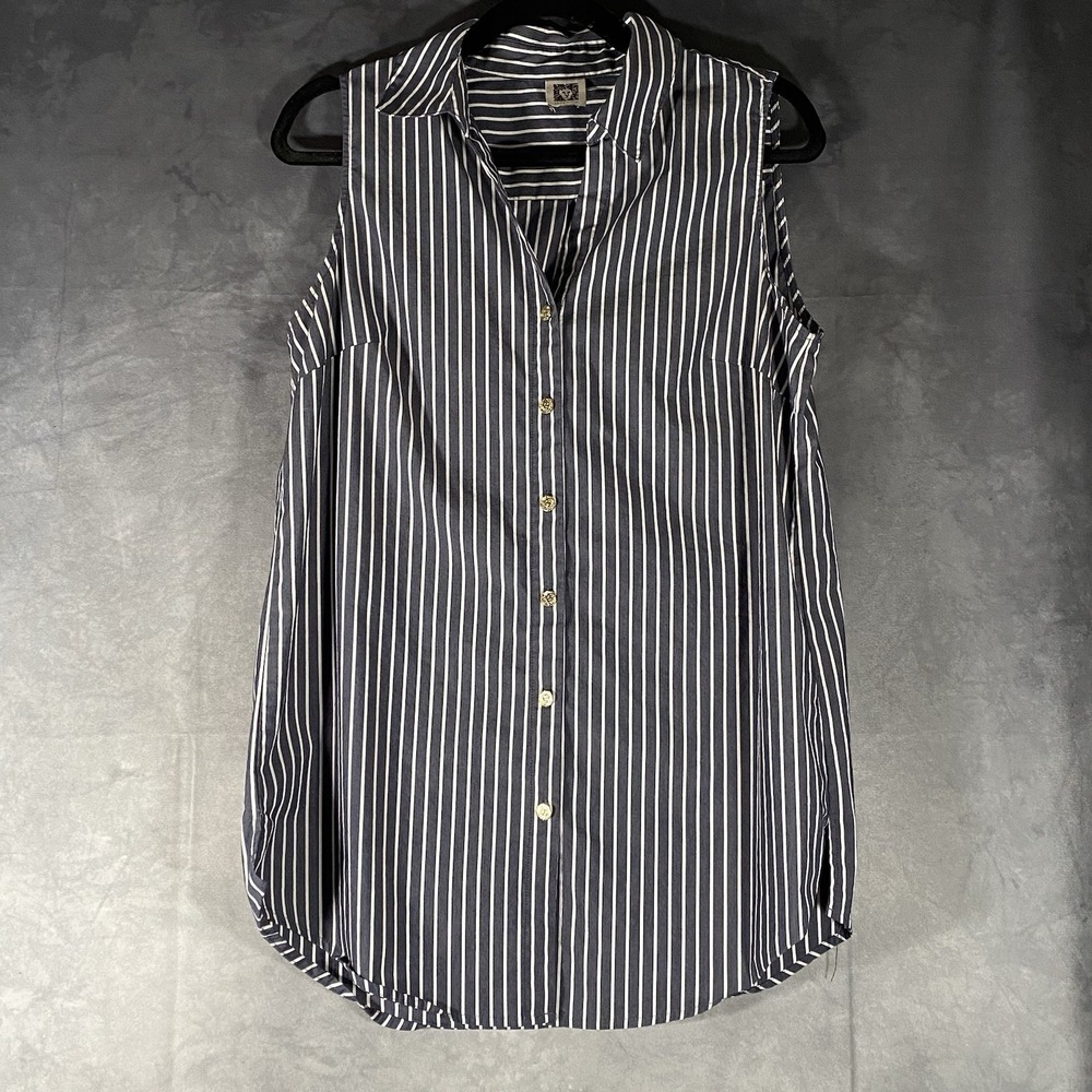 Anne Klein Sleeveless Blue Striped Button‎ Up Shirt Blouse Size L Lightweight*